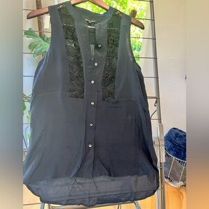 Navy Sleeveless Blouse with Darker Navy Lace Detail - size S